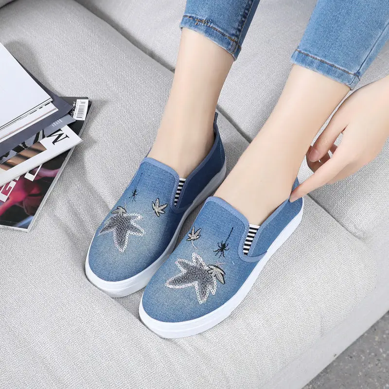 Кеды женские джинсовые на платформе Вулканизированная подошва холщовые