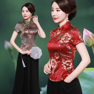 Plus size cheongsam women blouse shirt Chinese style elegant thin short-sleeved shirt women tops  mother Chinese shirt Qipao
