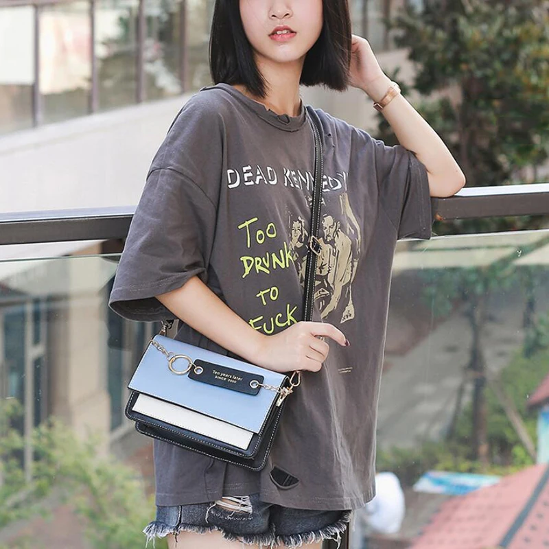 

PU Leather Women's Bag Panelled Flap Handbag Fashion Ring Chain Contrast Color Female Purse For 2021 Crossbody Shoulder Bags