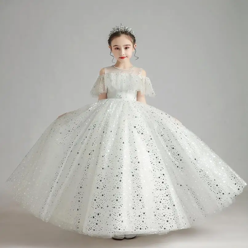 

Luxury Flower Girls Ball Dresses Sequined Mesh Stitching Wedding Birthday Party Evening Gown Kids Pageant Dress For Girls L520