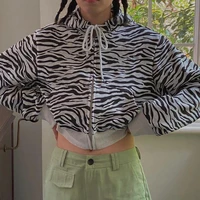 oversized casual hoodie korean style vintage zebra print sweatshirt puff sleeve zip up hoodie women crop top y2k fashion 2021