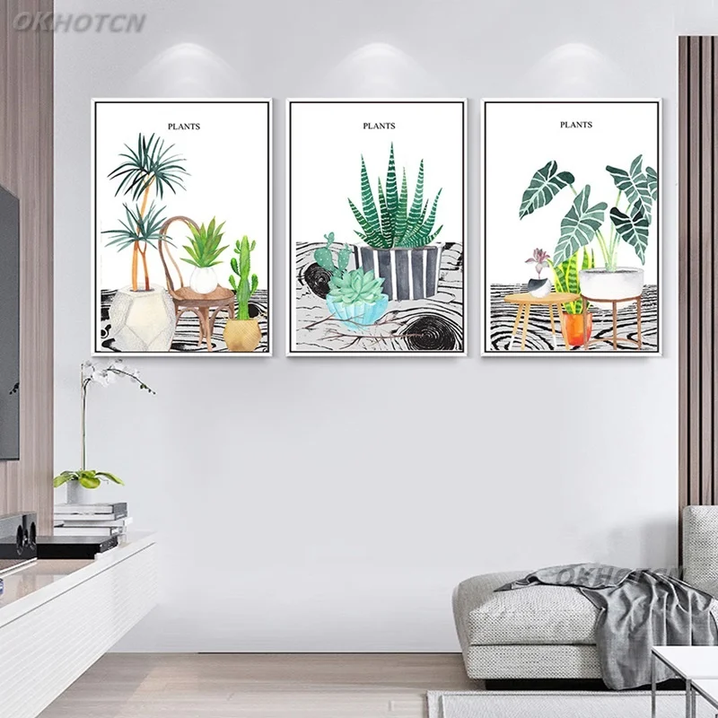 Зеленые растения: акварельный рисунок в современном скандинавском стиле для декора стен в домашнем интерьере - холст, модульная печать и постеры.