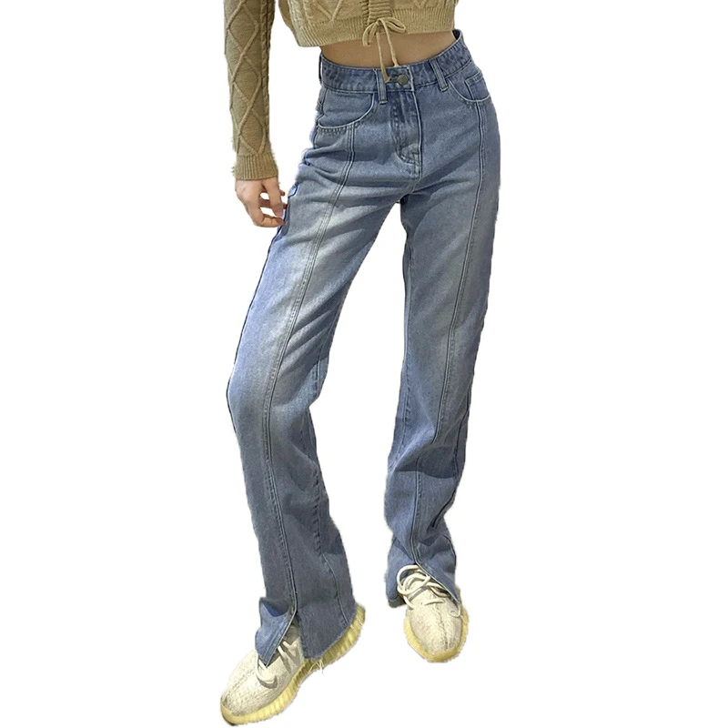 Spring 2021 Women High Waist Jeans Fashion Striped Patchwork Split Straight Jeans Woman Casual Loose Wide Leg Pants Streetwear