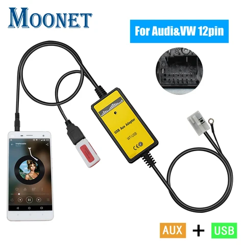 Автомобильный переходник Moonet для MP3 CD, USB, AUX-вход, адаптер для Audi и Volkswagen, Tiguan, Touran, T5, Golf, Passat, Skoda (12pin)