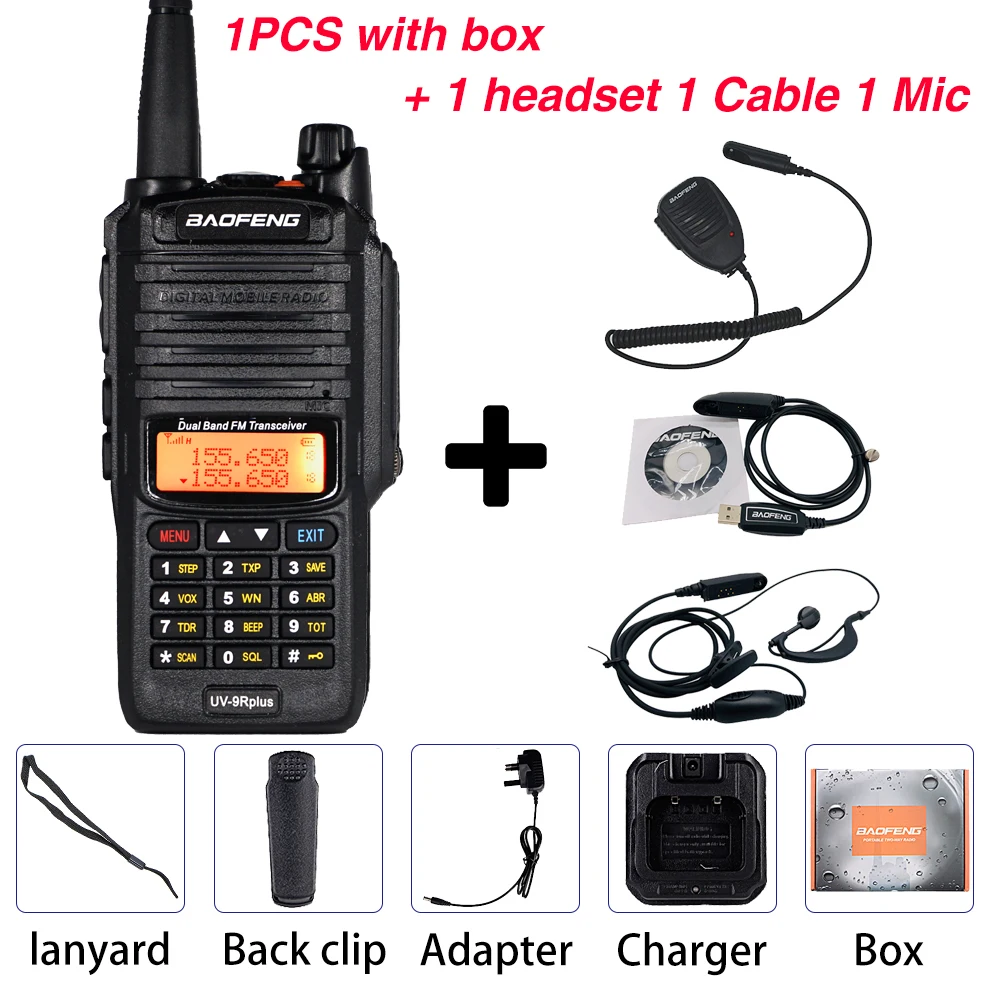 Add mic cable heat Baofeng UV-9R plus Walkie Talkie IP67 Водонепроницаемый главный динамик CB радио FM приемопередатчик UHF/VHF радио 10 Вт 4800 мАч uv 9r plus - Цвет: Add mic cable heat