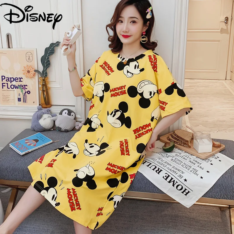 

Disney с Микки-Маусом, средней длины ночная рубашка женская летняя обувь пижама из тонкой ткани выше колена Большие размеры свободные