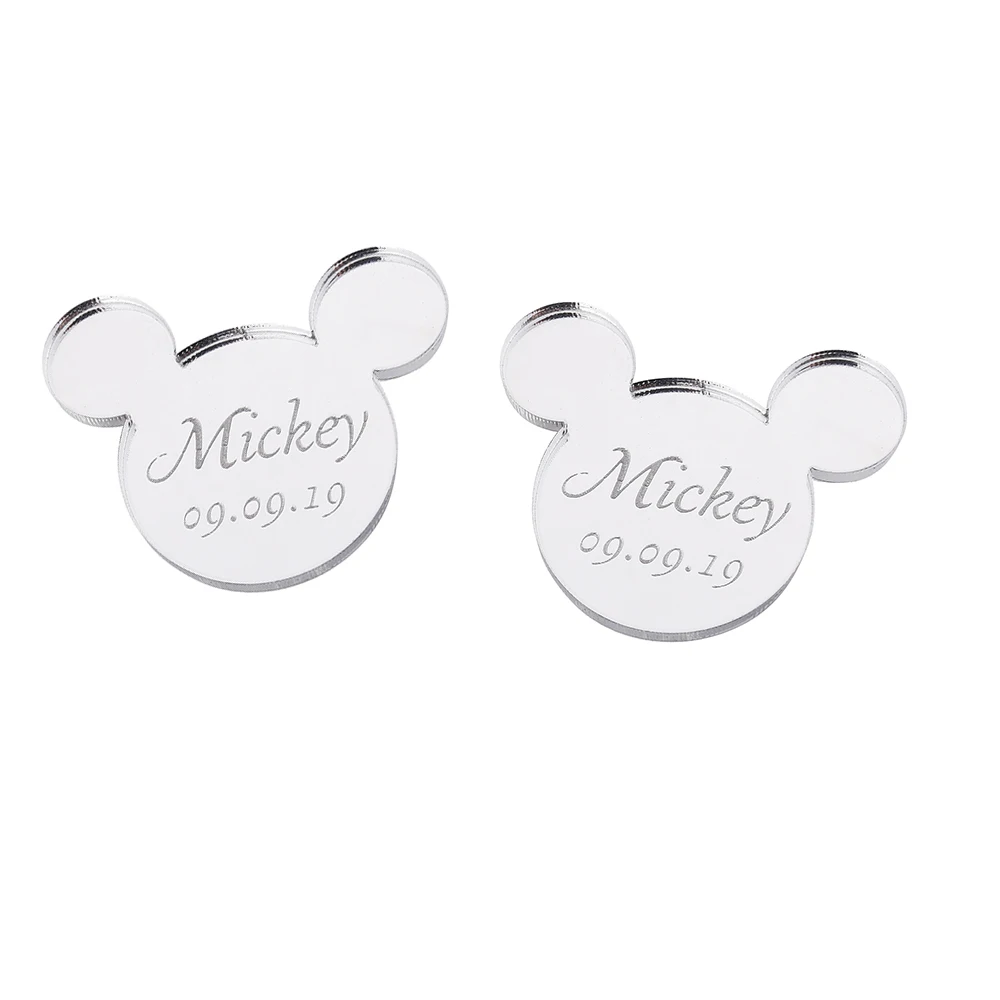 Style6 Silver 12 шт. персонализированные гравированное зеркало Микки Маус надписи имя карты метки ребенок душ украшение для вечеринки в день рождения 40 мм без отверстия - Цвет: Style6 Silver