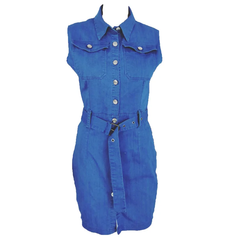 

Denim Dress Women Summer Fashion Turn-down Collar Sleeveless Party Dresses Female Sexy Single-breasted Mini Bodycon Dress