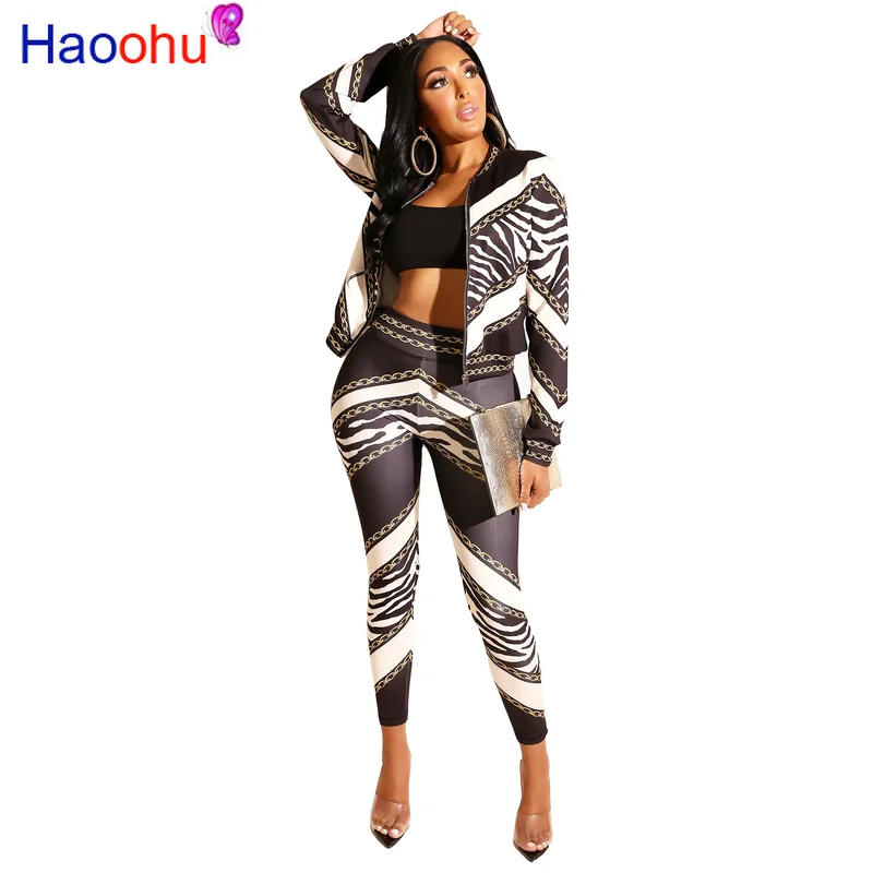 

HAOOHU 2019 High Street Casual Fashion Retro Full Sleeve Zipper Coat Top Long Pants Elastic Tracksuits two piece Women Set