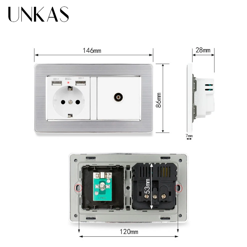 Гнездо питания стандарта ЕС заземленная с женским ТВ разъемом 2100mA двойной USB