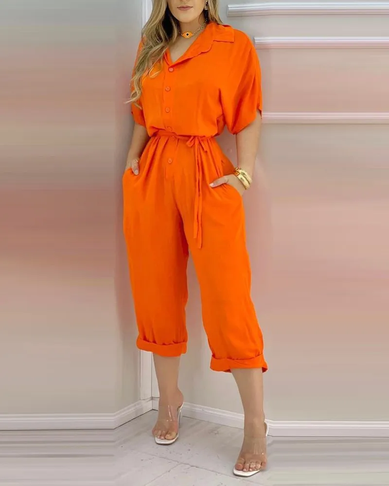

Summer new Women Casual Jumpsuit orange color Button Front pocket Design lapel Short Sleeve belt Jumpsuit