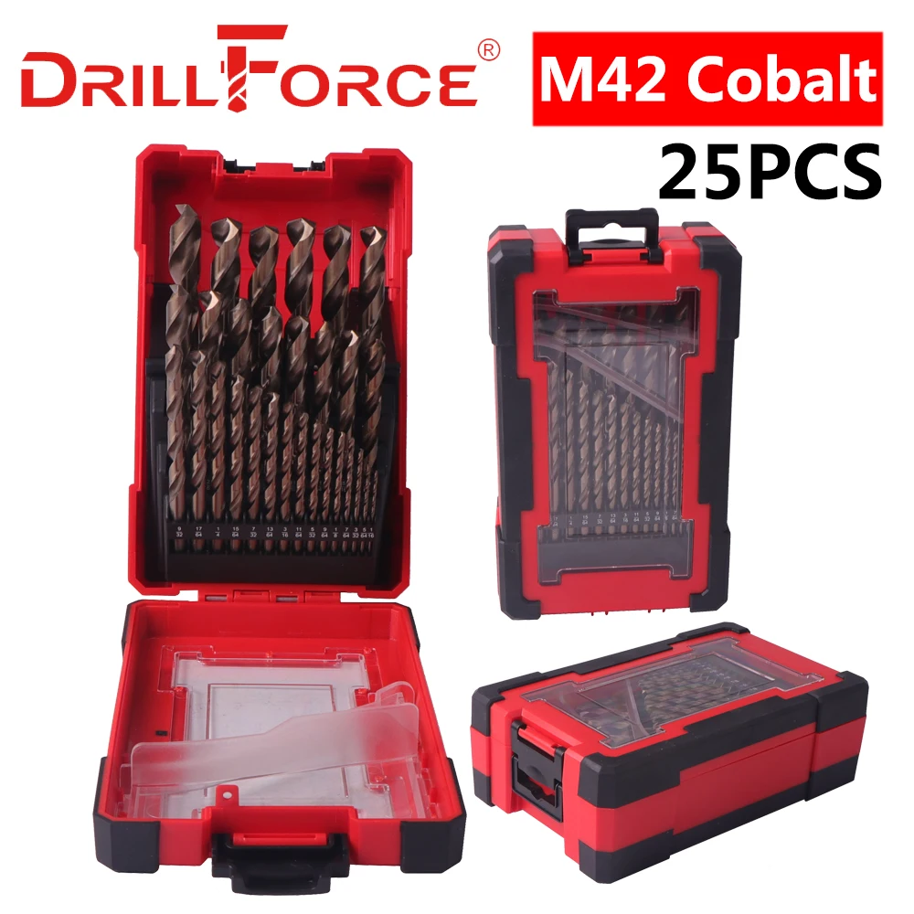 

DRILLFORCE 19/25 шт. M42 набор кобальтовых сверл для сверл из закаленного металла и нержавеющей стали, аксессуары для электроинструментов
