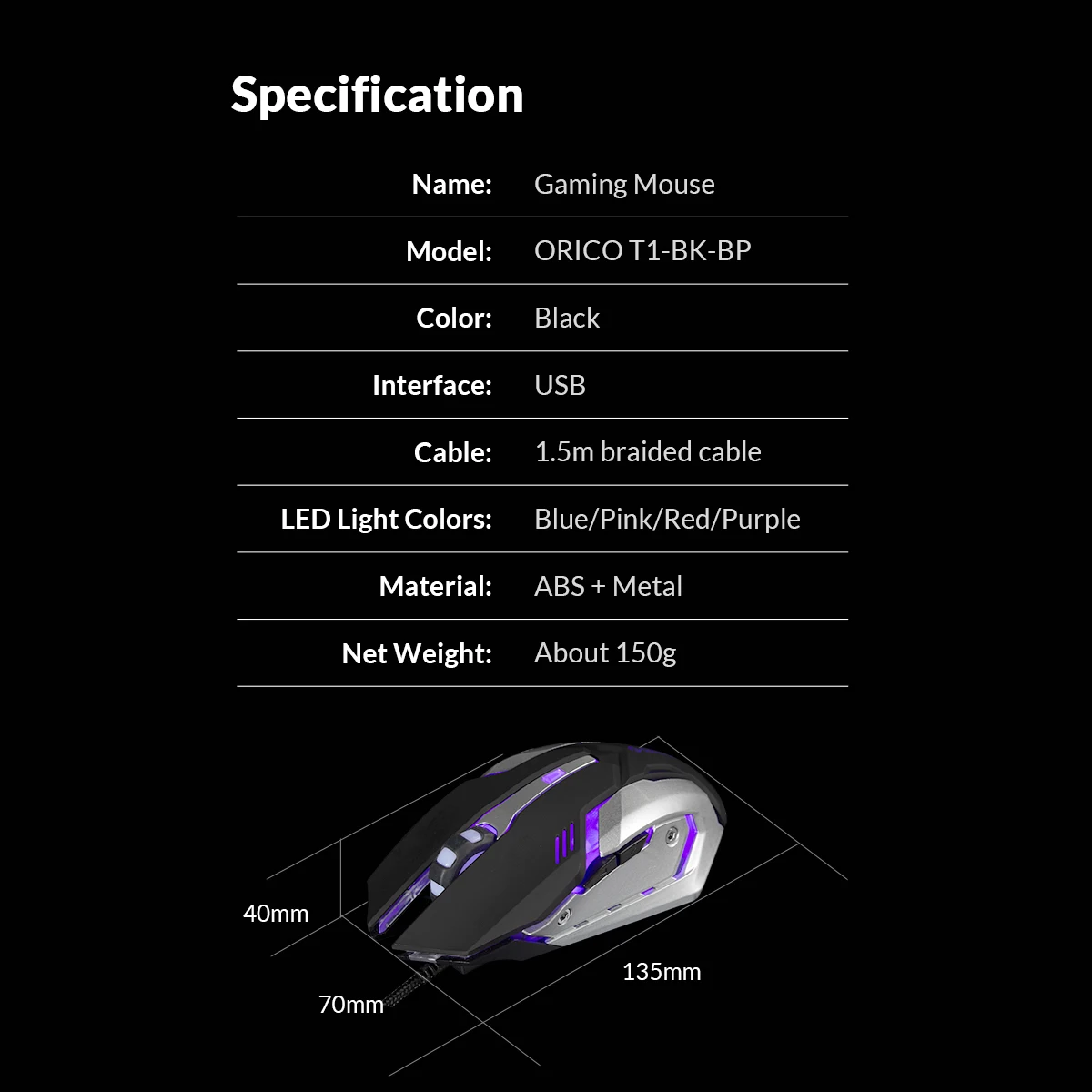 ORICO, Профессиональная USB игровая мышь, регулируемая, 3200 dpi, проводная, оптическая, светодиодный, освещение, мышь для геймера, для ПК, компьютера, ноутбука, мыши