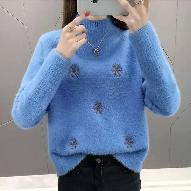 

Imitation mink velvet ladies half turtleneck autumn new knitted sweater bottoming shirt loose Joker Korean wind long sleeve 2021