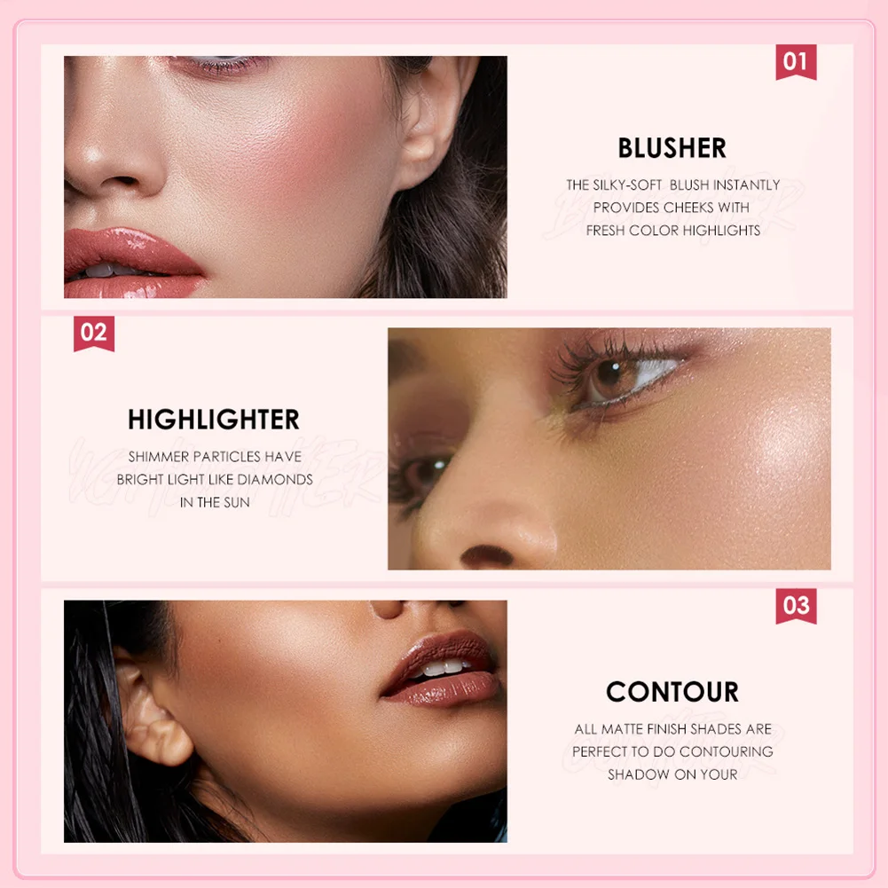 

3-in-1 Makeup Palette Multi-Functional Contour & Highlight & Blush Palette Waterproof Long-Lasting Makeup for Women