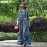 tiyihailey free shipping a line cotton linen long maxi dress women loose v neck three quarter summer print patchwork dresses