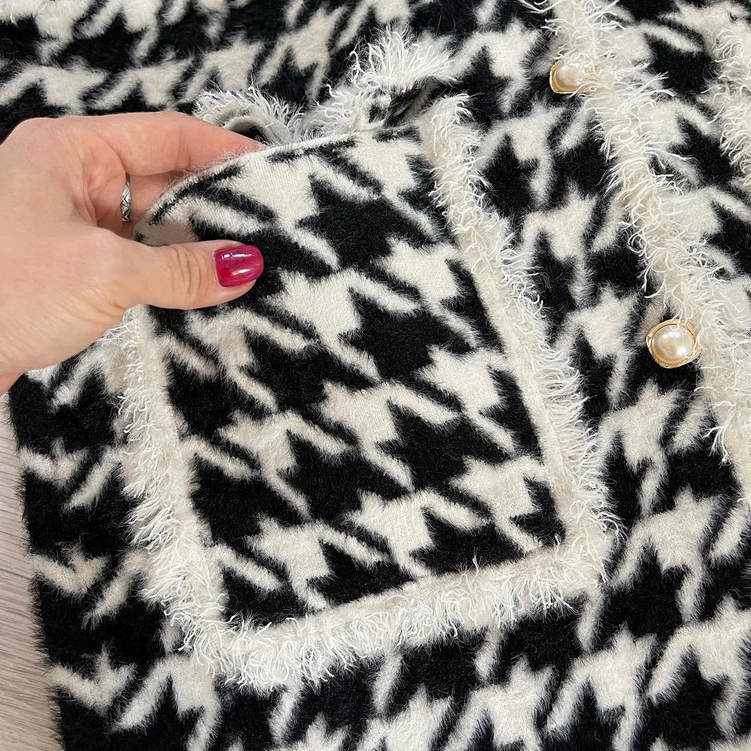 

High Quality Vest Houndstooth Faux Mink Fur Women Spring Autumn Single-Breasted Waistcoat Knitted Vest Sleeveless Jacket C-258