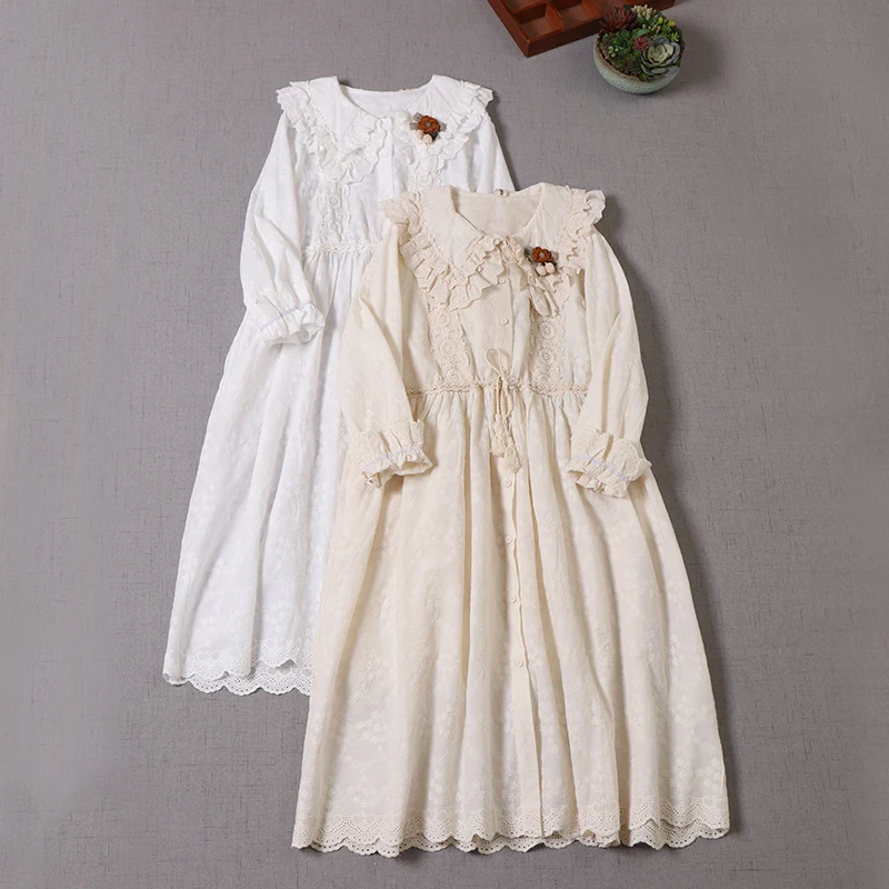 

Mori sweet solid embroidery flower cotton dress Japan style long sleeve single breasted midi dress lolita fairy dress 15005
