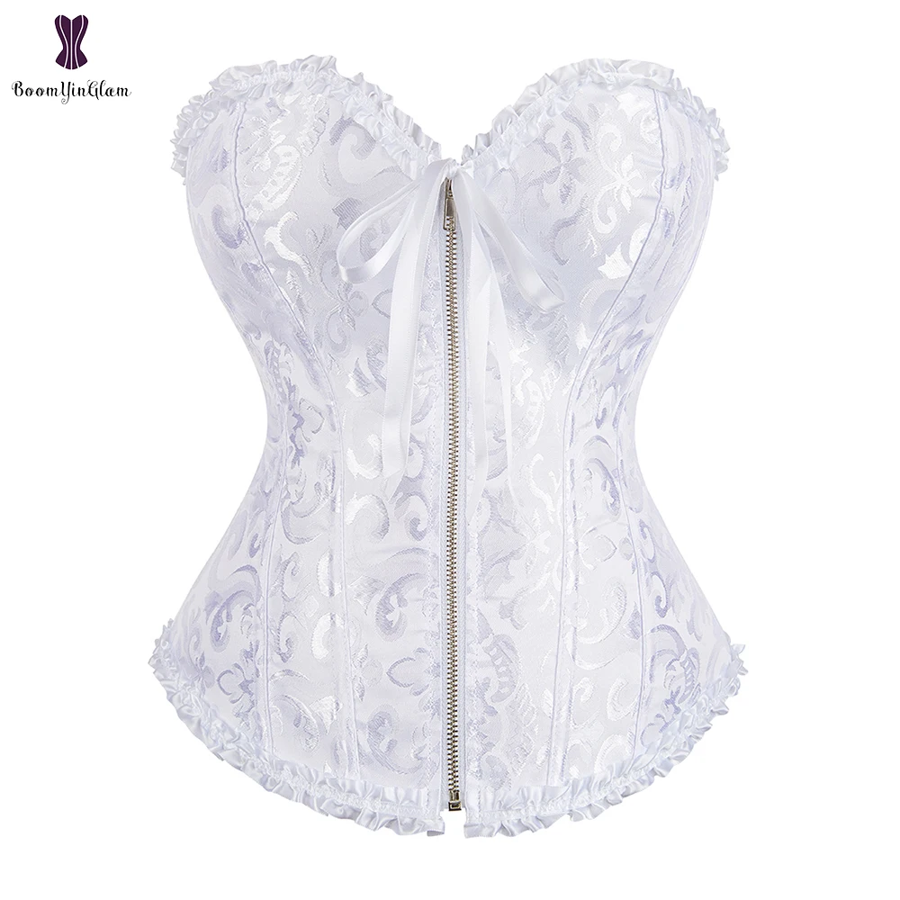 

Zipper Lace Up Corset Overbust Corsets Fish Boned Bustier Jacquard Floral Korset Gothic Women Korse Plus Size 6XL Black Corselet