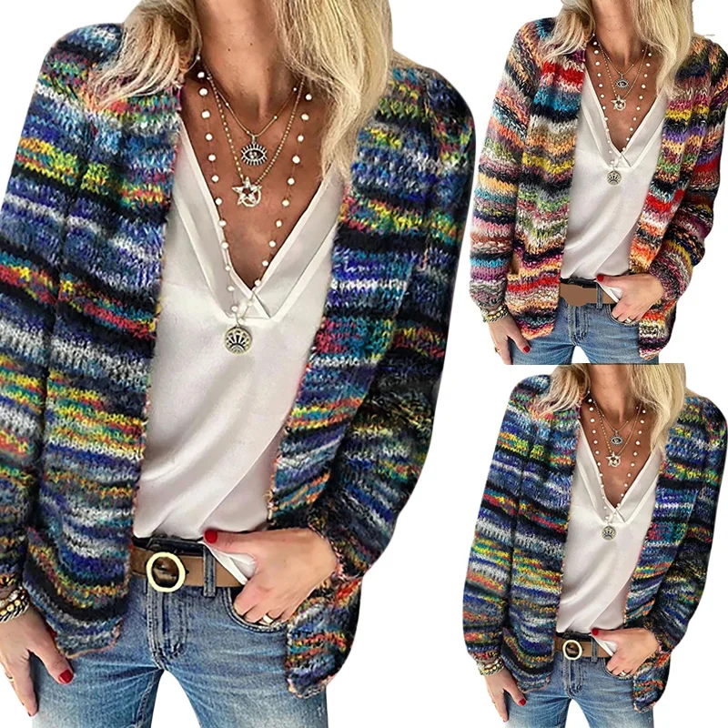 

Retro Harajuku Casual Color Striped Loose Sweater Women 2021 Autumn Sleeve Knitted Jacket Fashion Colorful Women Cardigan Top