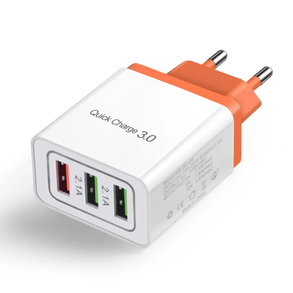 EU Orange USB зарядное устройство Quick Charge 3,0 EU 3 порта Быстрая зарядка для iPhone Xs Max samsung S8 S9 huawei mate 20 Lite зарядное устройство для мобильного телефона s - Тип штекера: EU Orange