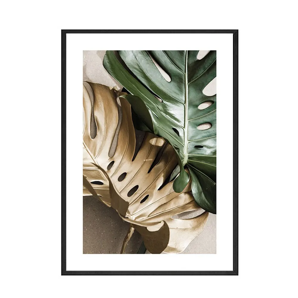 

Canvas Poster Nordic Style Green and Golden Leaves Scandinavian Print Nature Art Painting Wall Picture for Living Room Unframed