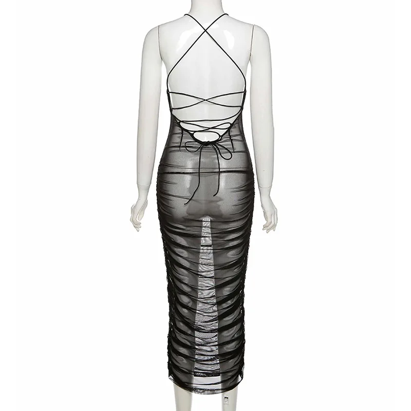 

See Through Summer Dress Women 2021 Backless Straps Ruched Midi Dress Sexy Dresses Party Night Pencil Robe