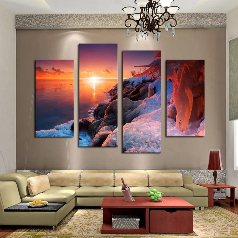 

4 Panels Nice Painting Sunset Seascape Poster Hd Print Canvas Painting Wall Art Home Decor