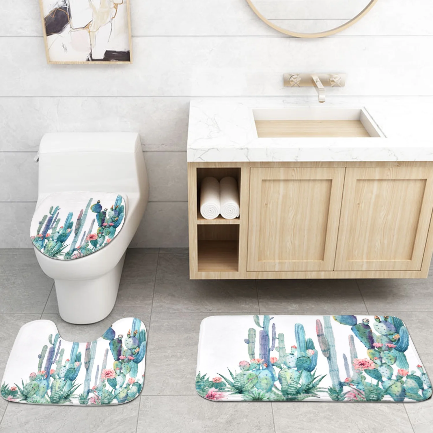 

4 Pcs Cactus Flowers Blossom Shower Curtain Set Non-Slip Rugs Toilet Lid Cover Bathroom Mats Curtains Bath Curtain Bath Decor