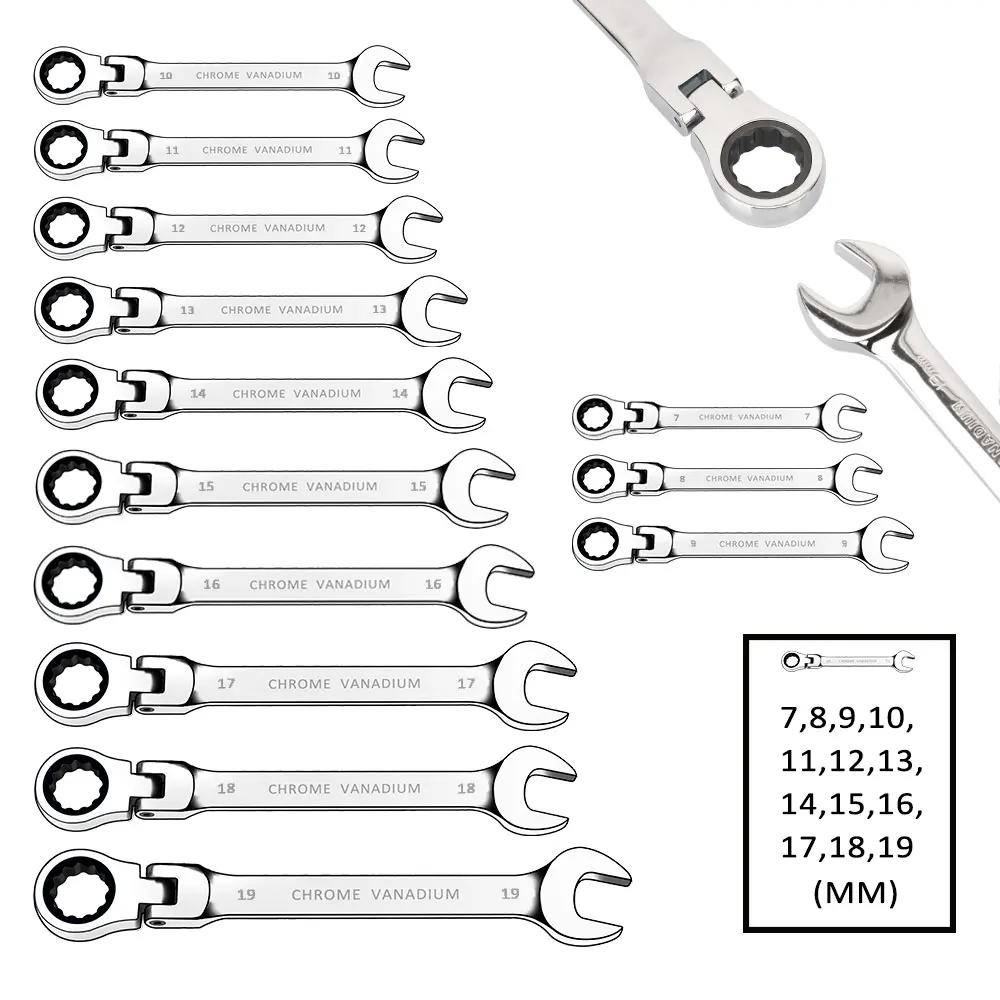 7-19mm Keys Set Ratchet Wrench Spanner Combination Head Multitool Chrome Plated Flexible Mirror Finshed | Инструменты