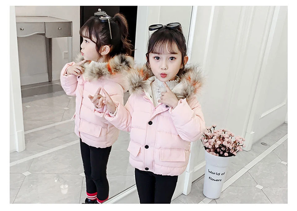 Winter Fashion Girls Big Fur Collar Down Jacket Cotton Boy Hooded Jacket Thickening Children's Warm Cotton Jacket 3-8 years old