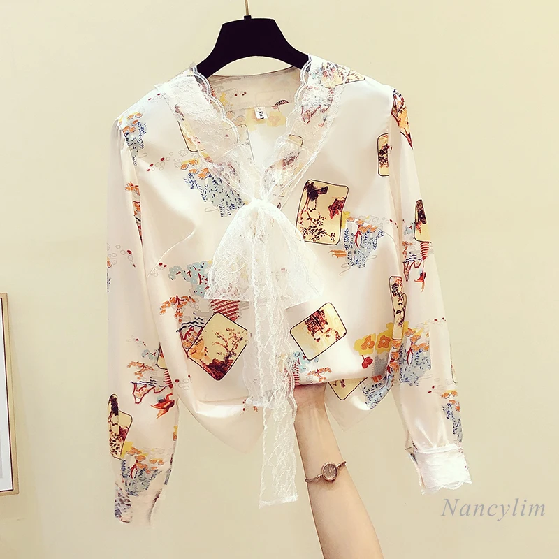 

Vintage Printed Contrast Color Lace Top Women's V-neck Long Sleeve Chiffon Blouse Girls Ladies Shirt 2021 Spring New Female