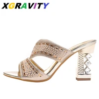 xgravity crystal chunky high heel pumps elegant rhinestone sexy women abnormal heels fashion ladies dress slipper sandals b126