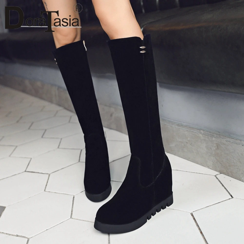 

DORATASIA Female Flock Round Toe Zipper Mid Calf Boots 2020 Wholesale Boots Women Increasing Height Winter Shoes Woman