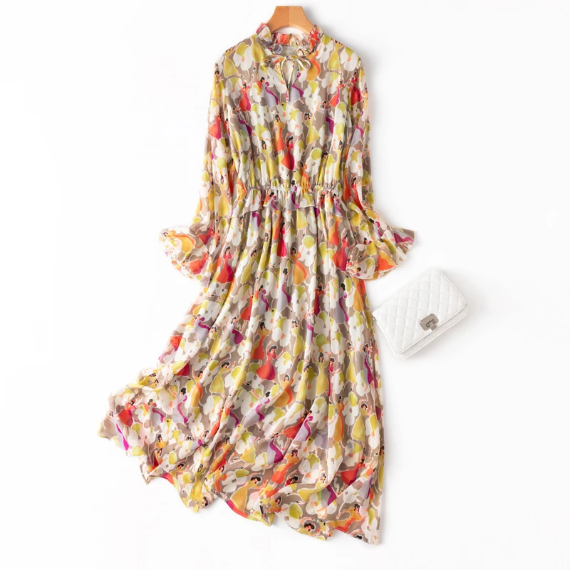 

SHUCHAN Natural Silk Print Bohemian Maxi Dress with Flare Sleeve Ankle-Length Ruffled Summer Long Sleeve Lining Silk