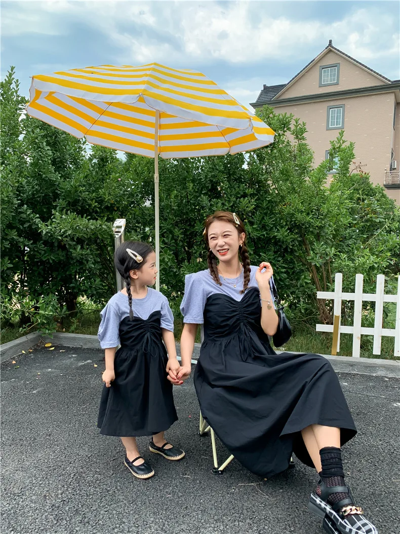 

Family Matching Outfits Summer Puff Sleeve Joining Together Mid-Calf Dress Mother Daughter Matching Clothes Baby Girl Clothes