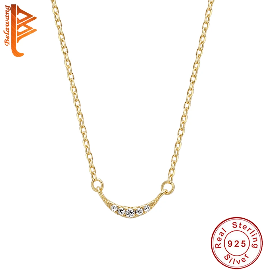 

BELAWANG Trendy 925 Sterling Silver Crystal Pendant Necklace for Women 18K Gold Plated Moon Crescent Necklaces Fine Jewelry