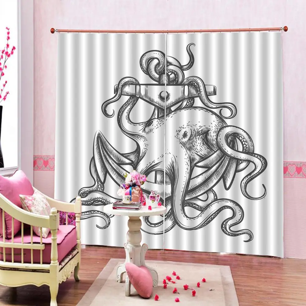 

Octopus Nautical Anchor and Octopus Curtains with Long Tentacles Sketch Style Sea Creature Image Blackout Curtains