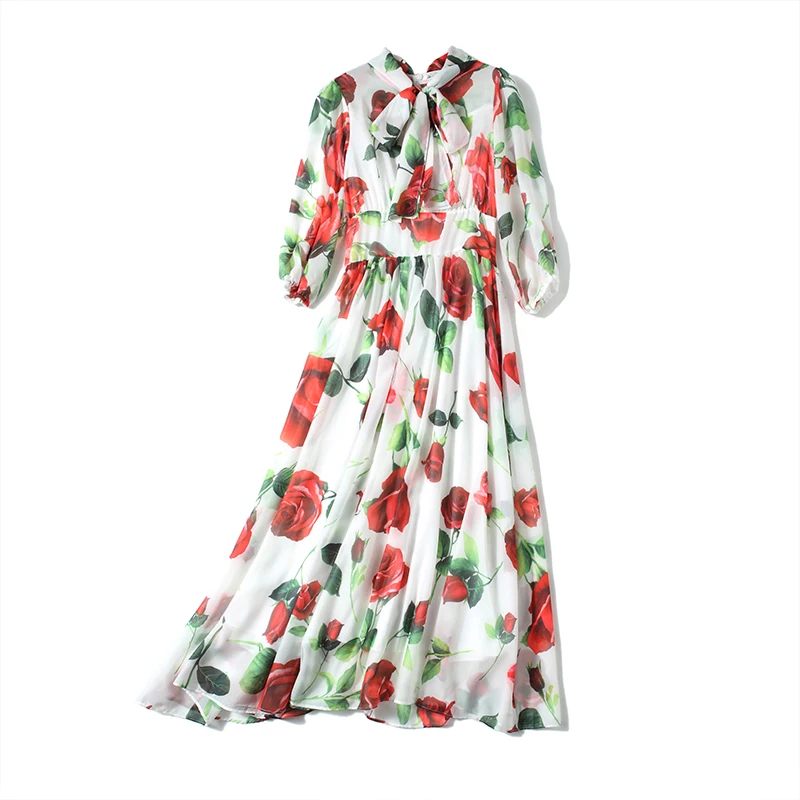 

New Elegant Vintage Fashion Women Floral Slim Tunic High Waist Evening Party Dress Lady Bow 3/4 Sleeve Big Swing Maxi Dresses