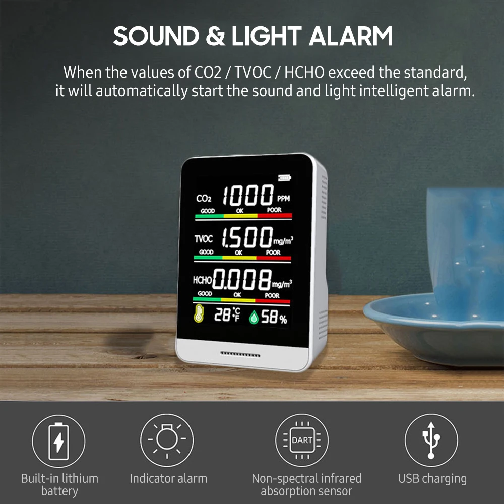 USB Перезаряжаемый тестер качества воздуха мониторинг СО2 метр TVOC HCHO Температура