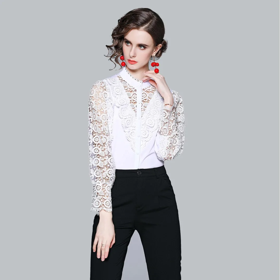 

Women Summer Designer Elegant Crochet Hollow Out Lace Patchwork Blouse Shirt Female Long Sleeve Office Work Casual Tops Blouses