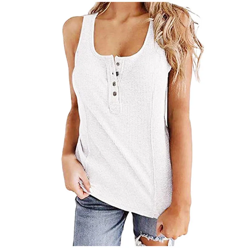 

Women's Summer Solid Stretch Tank Ladies Buttons Sexy V-Neck Tops Fashion Vest Camisole Casual Sleeveless Female Tops