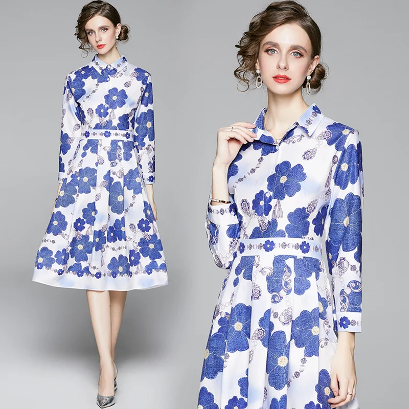 

England Style Elegant Fashion Disign Print Knee-Length Blue Dress Puff Sleeve Office Tunic Sim Button Summer A-Line Shirt Dress