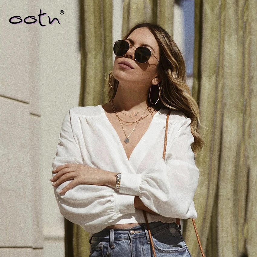 Белый Повседневный с рукавом-фонариком укороченный топ Женская блузка длинным