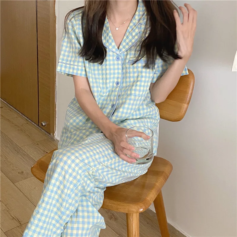2021 Summer New Korean Lovely Plaid Pajamas Women's Short Sleeve Trousers Nightwear Suit Home Wear Sleep Wear Turn-down Collar