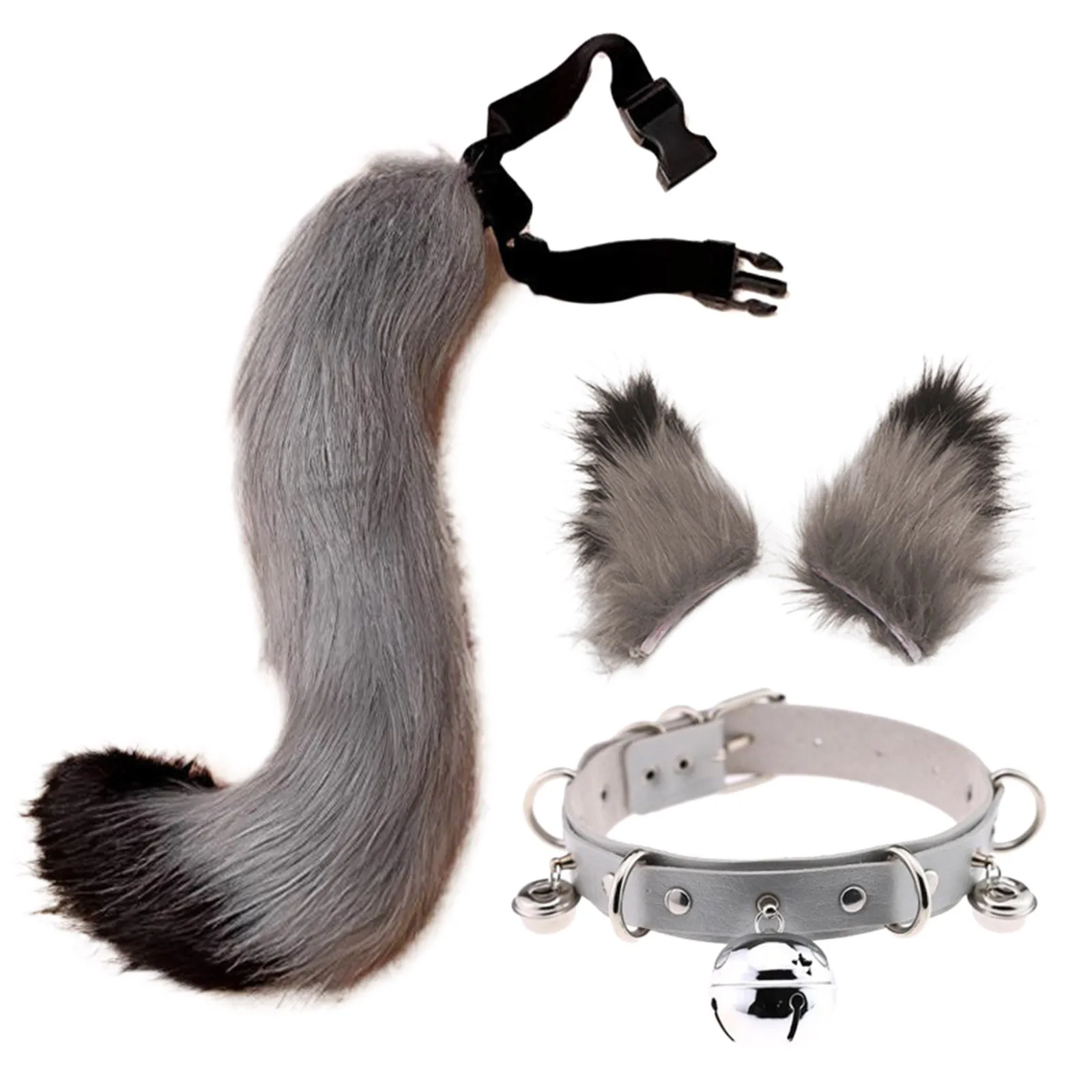 

Animal Faux Fur Kitten Wolf Long Tail Ears Hair Clips And Leather Neck Collar Choker Set Halloween Party Cosplay Costume Props