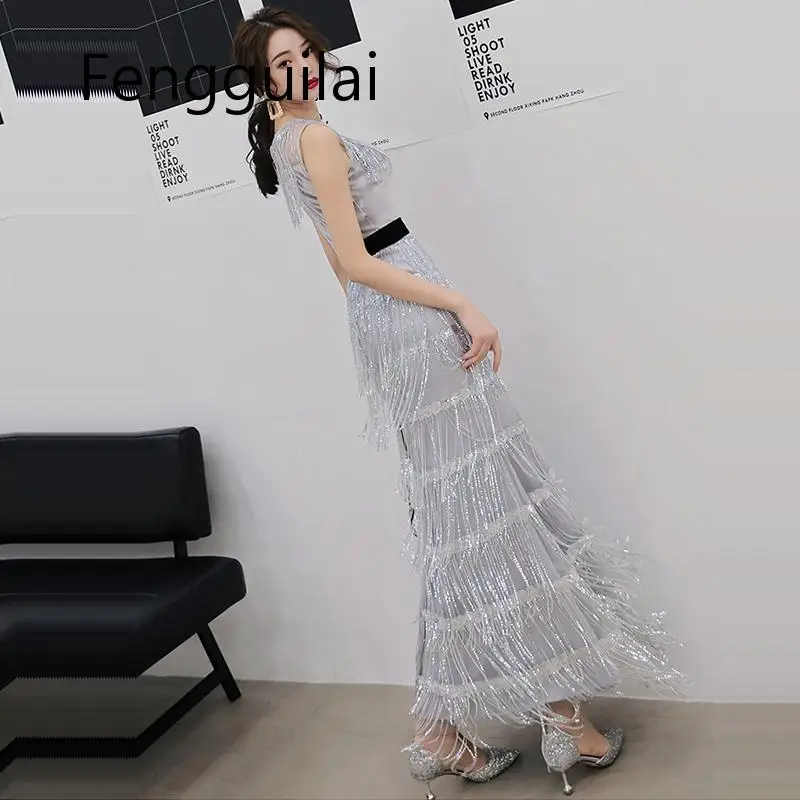 

Summer Birthday Dress Sleeveless Sequin Robe De Soiree Zipper Elegant Women Party Dresses O-neck Tassel Formal Evening Gowns
