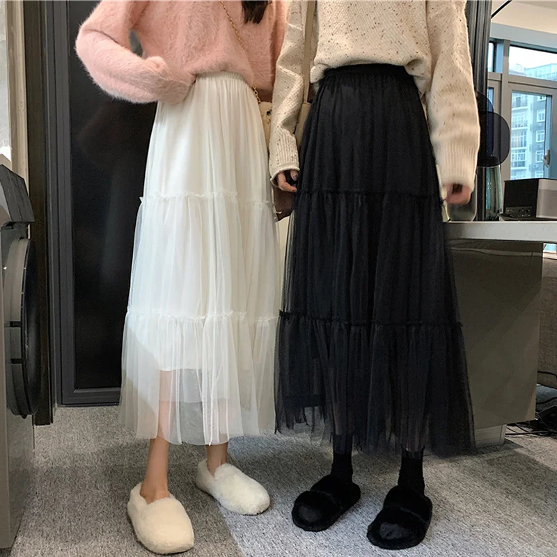 

Юбка из газовой ткани, юбка средней длины на осень и зиму, длинная Плиссированная белая сетчатая юбка А-силуэта с высокой талией