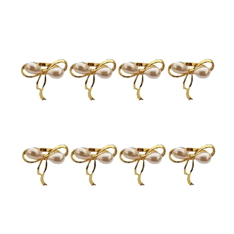 

8Pcs/Lot Wedding Napkin Ring Pearl Bow Napkin Buckle Metal Plating Napkin Ring Holiday Party Desktop Decoration