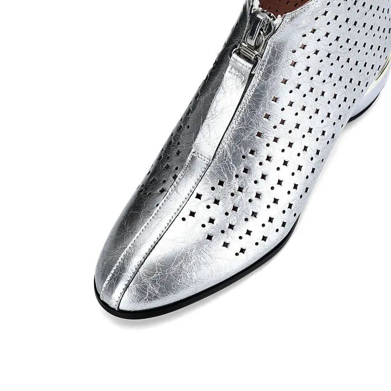 

Gold Silver Woman Summer Boots Round toe Med Heels Platform Shoes Cow Leather Ankle Boots Back Zip Comfortable Shoes Woman
